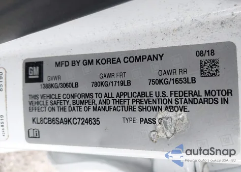 2019 Chevrolet Spark Ls Cvt z USA, uszkodzony, nr VIN KL8CB6SA9KC724635